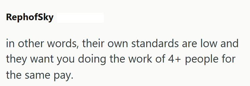 RephofSky in other words, their own standards are low and they want you doing the work of 4+ people for the same pay.
