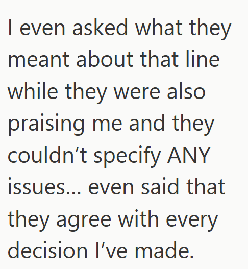 I even asked what they meant about that line while they were also praising me and they couldn't specify ANY issues... even said that they agree with every decision I've made.
