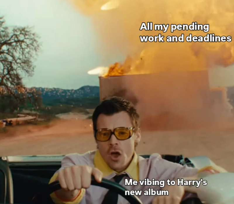 All my pending work and deadlines Me vibing to Harry's new album
