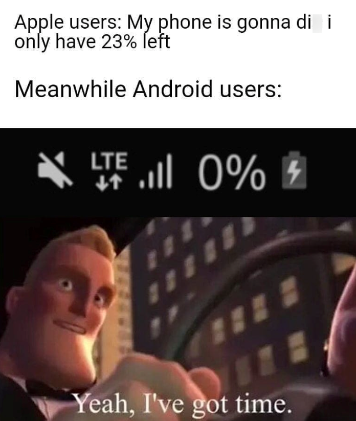 Apple users: My phone is gonna di i only have 23% left Meanwhile Android users: LTE 0% 4 .ill Yeah, I've got time.