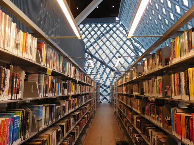 Stacked books in the library