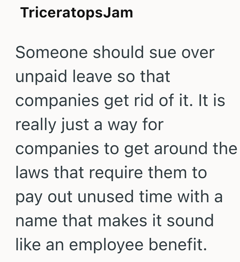 Triceratops Jam Someone should sue over unpaid leave so that companies get rid of it. It is really just a way for companies to get around the laws that require them to pay out unused time with a name that makes it sound like an employee benefit.