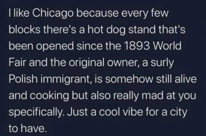 I like Chicago because every few blocks there's a hot dog stand that's been opened since the 1893 World Fair and the original owner, a surly Polish immigrant, is somehow still alive and cooking but also really mad at you specifically. Just a cool vibe for a city to have.