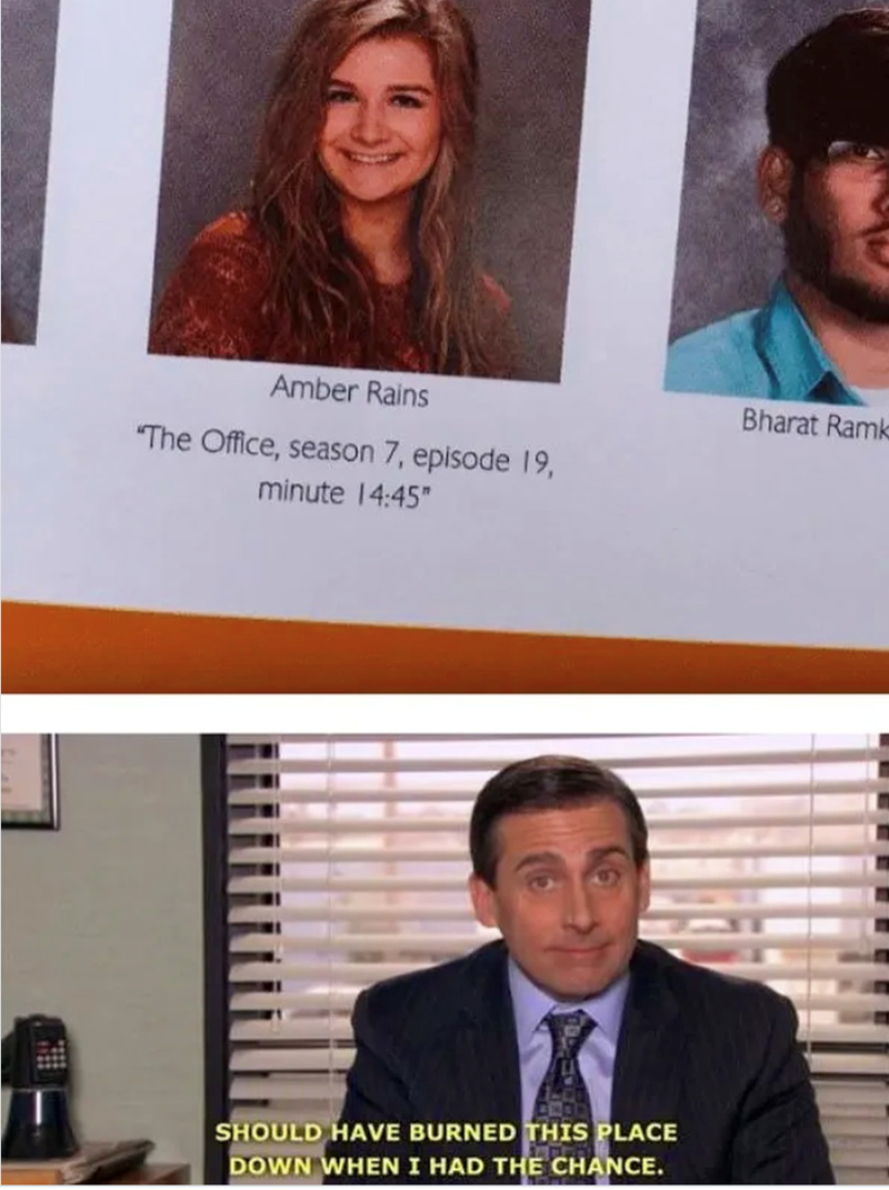 Amber Rains "The Office, season 7, episode 19, minute 14:45" SHOULD HAVE BURNED THIS PLACE DOWN WHEN I HAD THE CHANCE. Bharat Ramk
