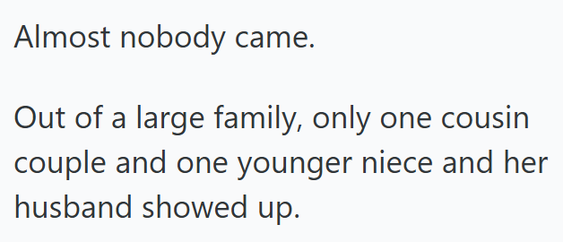 Almost nobody came. Out of a large family, only one cousin couple and one younger niece and her husband showed up.