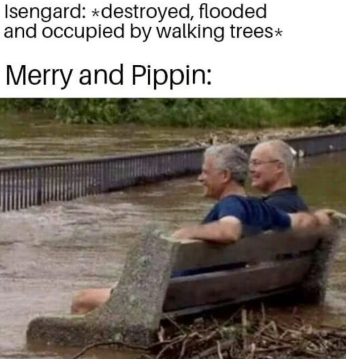Isengard: *destroyed, flooded and occupied by walking trees* Merry and Pippin: