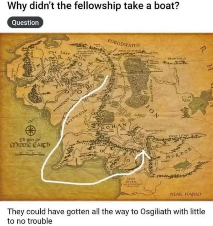 Why didn't the fellowship take a boat? Question FRID LUIN The Lost R MINHIRIATH The of Middle EARTH ENEDWAITH FORODWAITH FRED MITHA ROHAN MIRKWOOD ION TRON HILLE Rhin R MORDOR H NEAR HARAD They could have gotten all the way to Osgiliath with little to no trouble