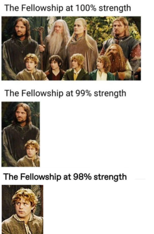 The Fellowship at 100% strength The Fellowship at 99% strength The Fellowship at 98% strength
