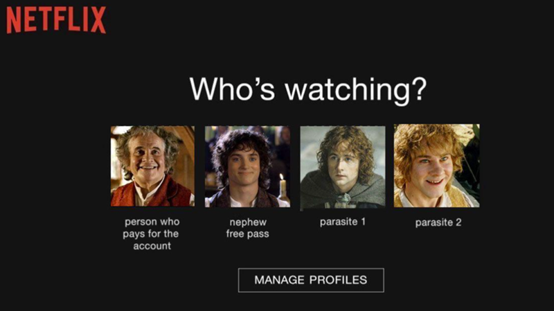 NETFLIX Who's watching? person who pays for the account nephew free pass parasite 1 parasite 2 MANAGE PROFILES