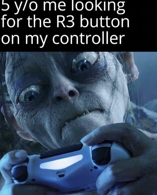 5 y/o me looking for the R3 button on my controller