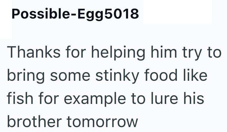 Possible-Egg5018 Thanks for helping him try to bring some stinky food like fish for example to lure his brother tomorrow