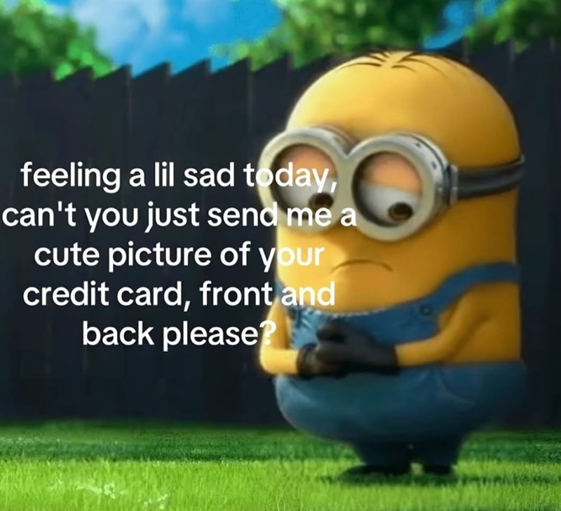 feeling a lil sad today, can't you just send me a cute picture of your credit card, front and back please?