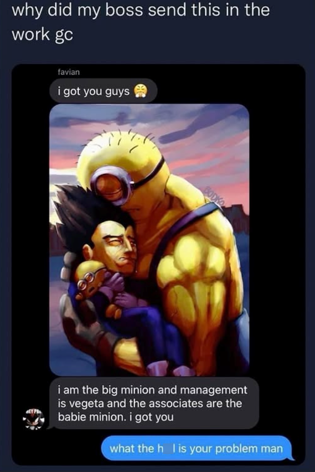 why did my boss send this in the work gc favian i got you guys BODKO i am the big minion and management is vegeta and the associates are the babie minion. i got you what the h l is your problem man