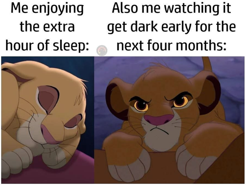 Me enjoying the extra hour of sleep: Also me watching it get dark early for the next four months: