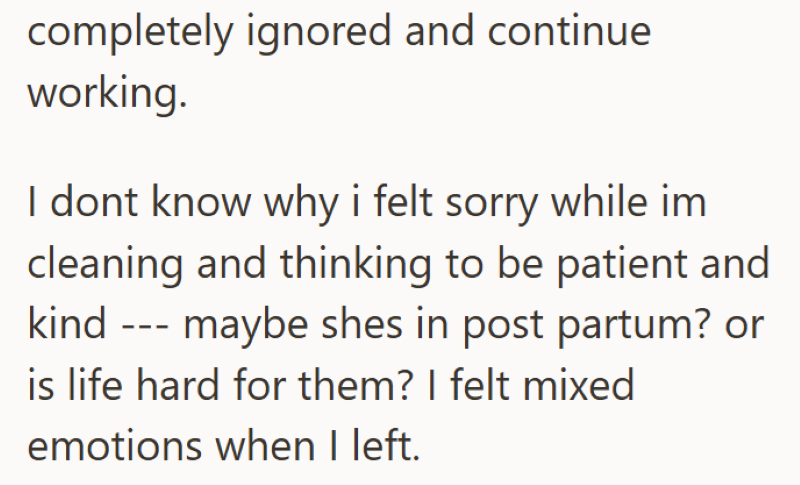 completely ignored and continue working. I dont know why i felt sorry while im cleaning and thinking to be patient and kind --- maybe shes in post partum? or is life hard for them? I felt mixed emotions when I left.