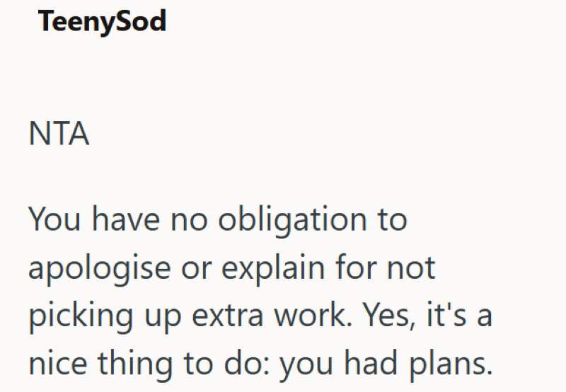 TeenySod ΝΤΑ You have no obligation to apologise or explain for not picking up extra work. Yes, it's a nice thing to do: you had plans.