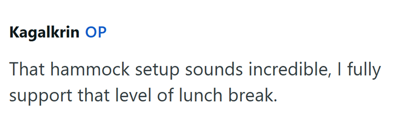 Kagalkrin OP That hammock setup sounds incredible, I fully support that level of lunch break.