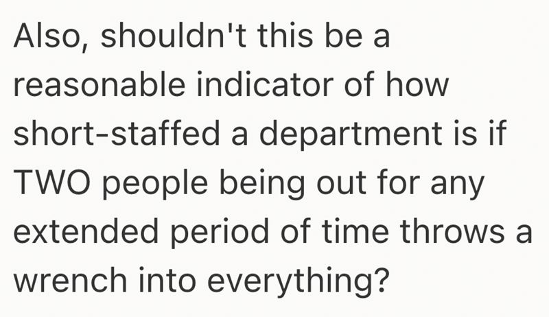 Also, shouldn't this be a reasonable indicator of how short-staffed a department is if TWO people being out for any extended period of time throws a wrench into everything?