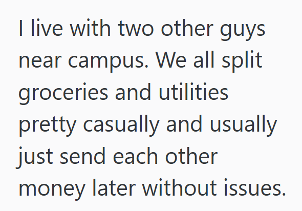 I live with two other guys near campus. We all split groceries and utilities pretty casually and usually just send each other money later without issues.