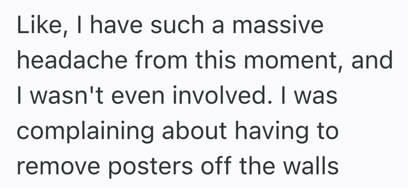 Like, I have such a massive headache from this moment, and I wasn't even involved. I was complaining about having to remove posters off the walls
