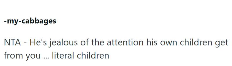 -my-cabbages NTA - He's jealous of the attention his own children get from you... literal children