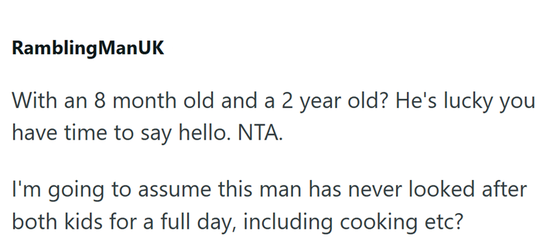 Rambling ManUK With an 8 month old and a 2 year old? He's lucky you have time to say hello. NTA. I'm going to assume this man has never looked after both kids for a full day, including cooking etc?