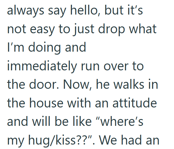 always say hello, but it's not easy to just drop what I'm doing and immediately run over to the door. Now, he walks in the house with an attitude and will be like "where's my hug/kiss??". We had an