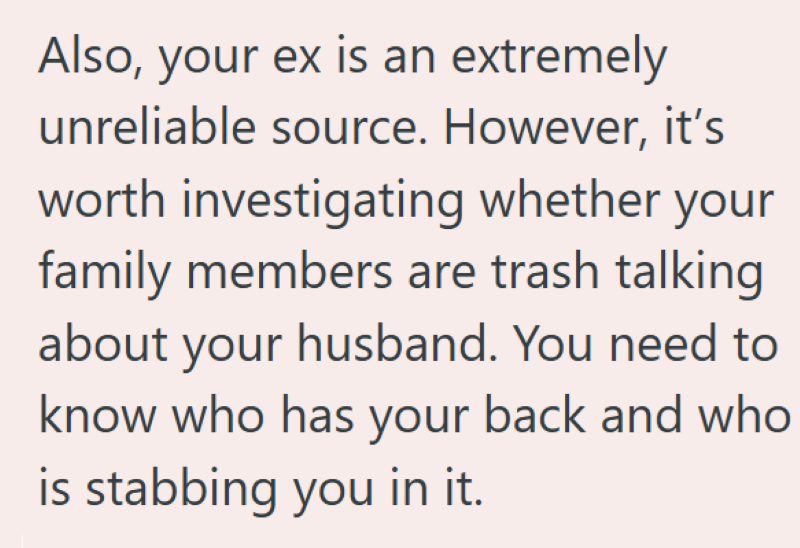 Also, your ex is an extremely unreliable source. However, it's worth investigating whether your family members are trash talking about your husband. You need to know who has your back and who is stabbing you in it.