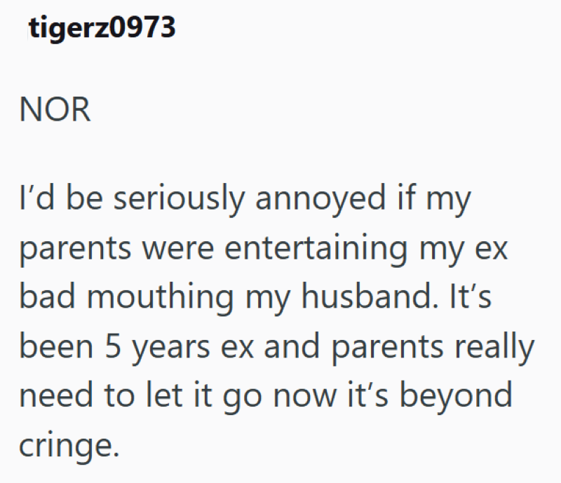 tigerz0973 NOR I'd be seriously annoyed if my parents were entertaining my ex bad mouthing my husband. It's been 5 years ex and parents really need to let it go now it's beyond cringe.
