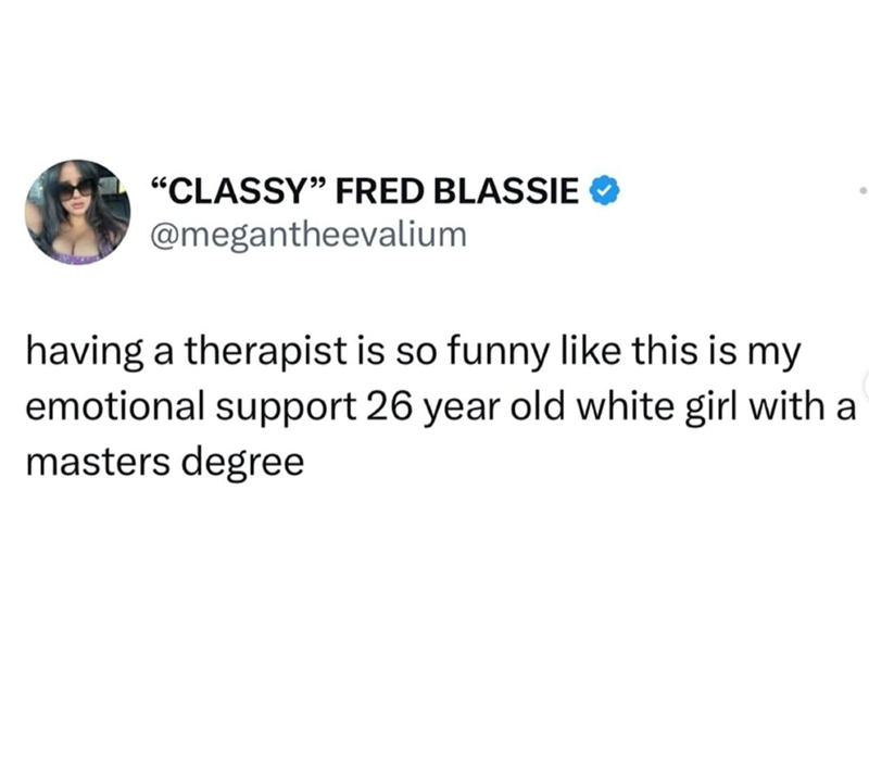 "CLASSY" FRED BLASSIE @megantheevalium having a therapist is so funny like this is my emotional support 26 year old white girl with a masters degree