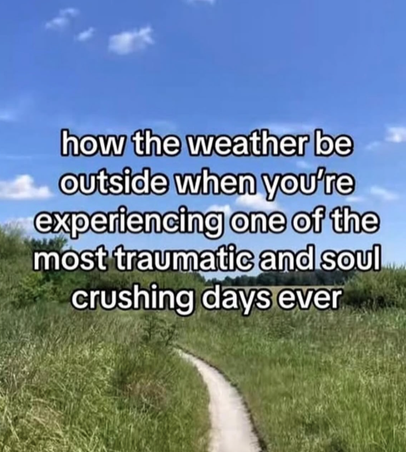 how the weather be outside when you're experiencing one of the most traumatic and soul crushing days ever
