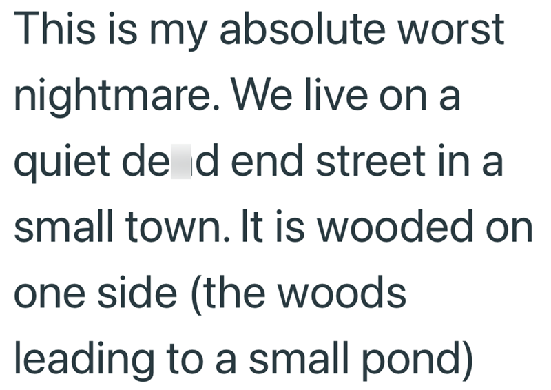 This is my absolute worst nightmare. We live on a quiet de d end street in a small town. It is wooded on one side (the woods leading to a small pond)