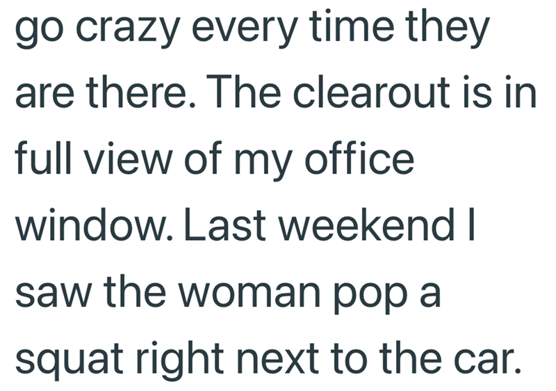 go crazy every time they are there. The clearout is in full view of my office window. Last weekend I saw the woman pop a squat right next to the car.