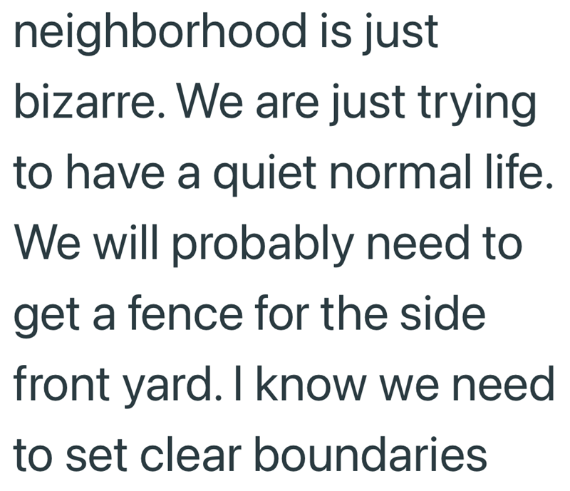 neighborhood is just bizarre. We are just trying to have a quiet normal life. We will probably need to get a fence for the side front yard. I know we need to set clear boundaries