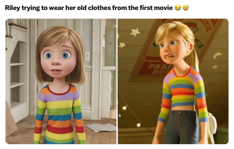 Riley trying to wear her old clothes from the first movie PRAI DOC ARIE