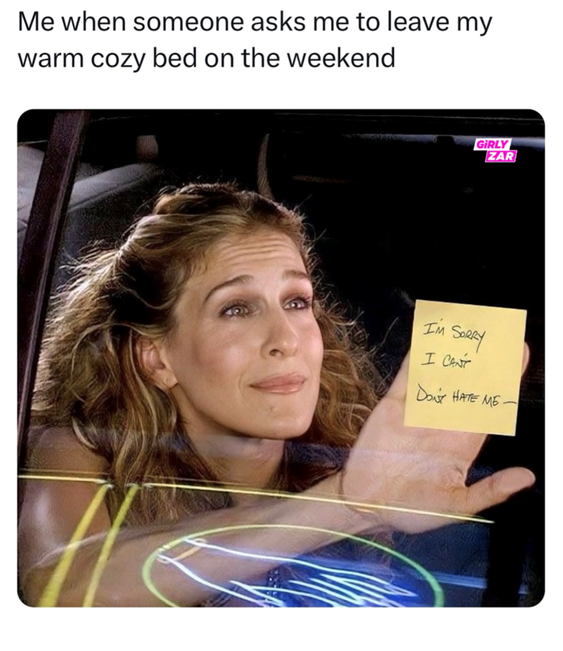 Me when someone asks me to leave my warm cozy bed on the weekend GIRLY ZAR IM SORRY I CANT Dot HATE ME