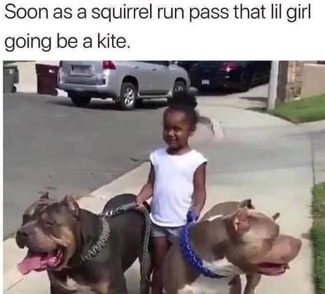 Soon as a squirrel run pass that lil girl going be a kite. 22