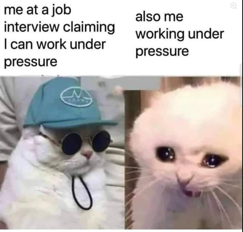 me at a job interview claiming I can work under pressure also me working under pressure M