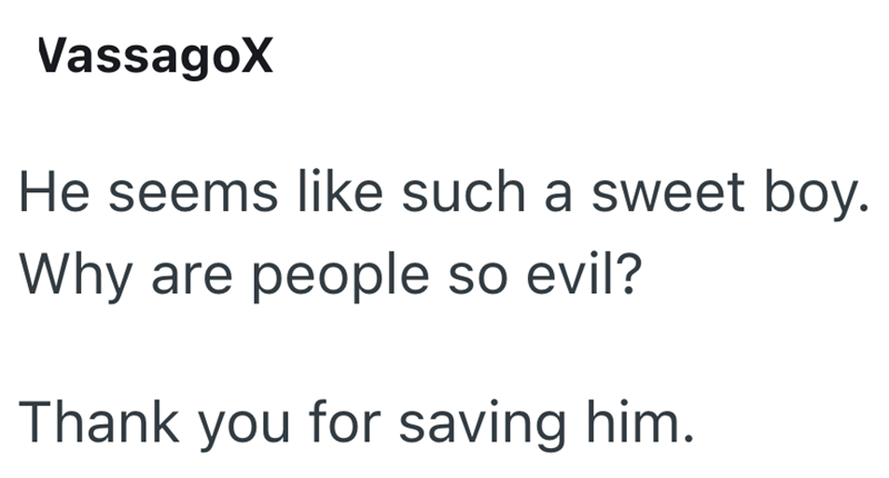 VassagoX He seems like such a sweet boy. Why are people so evil? Thank you for saving him.