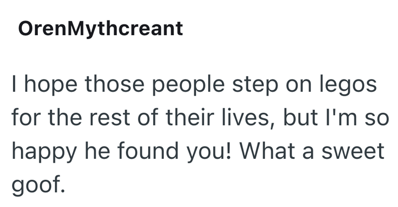 OrenMythcreant I hope those people step on legos for the rest of their lives, but I'm so happy he found you! What a sweet goof.