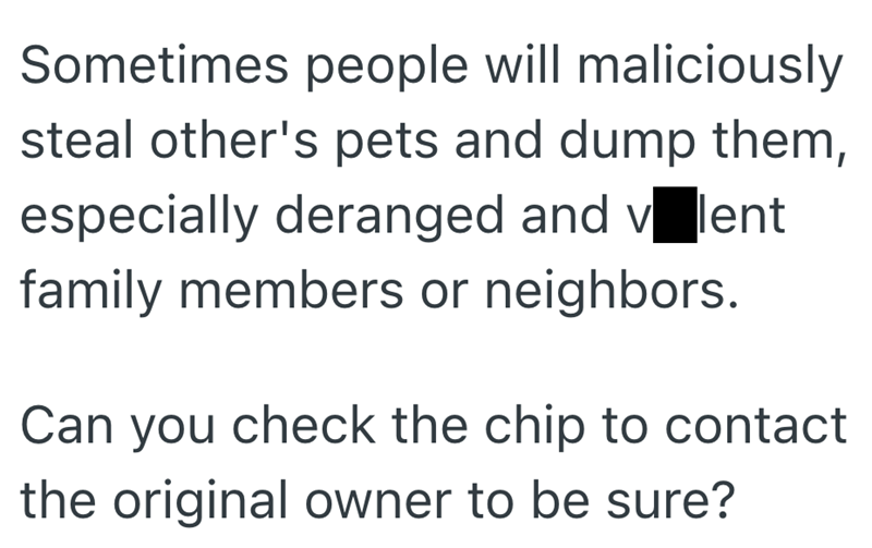 Sometimes people will maliciously steal other's pets and dump them, especially deranged and valent family members or neighbors. Can you check the chip to contact the original owner to be sure?