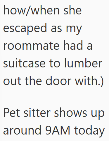 how/when she escaped as my roommate had a suitcase to lumber out the door with.) Pet sitter shows up around 9AM today