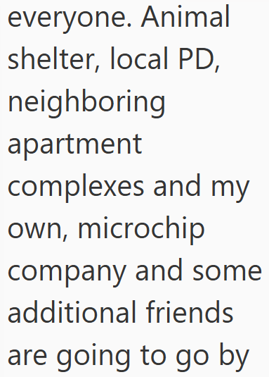 everyone. Animal shelter, local PD, neighboring apartment complexes and my own, microchip company and some additional friends are going to go by