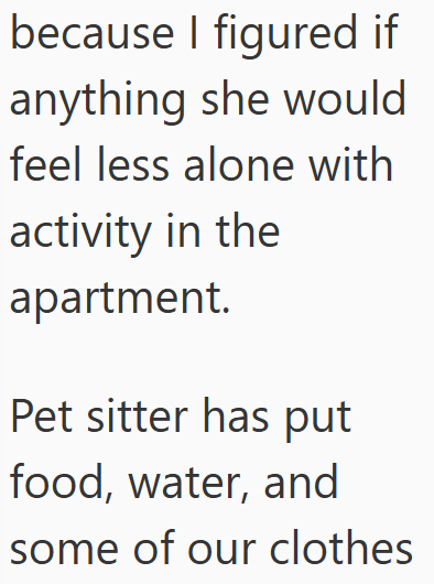 because I figured if anything she would feel less alone with activity in the apartment. Pet sitter has put food, water, and some of our clothes