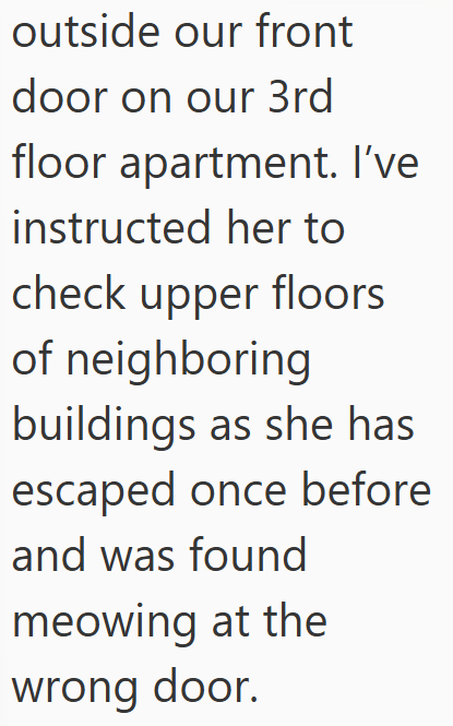 outside our front door on our 3rd floor apartment. I've instructed her to check upper floors of neighboring buildings as she has escaped once before and was found meowing at the wrong door.