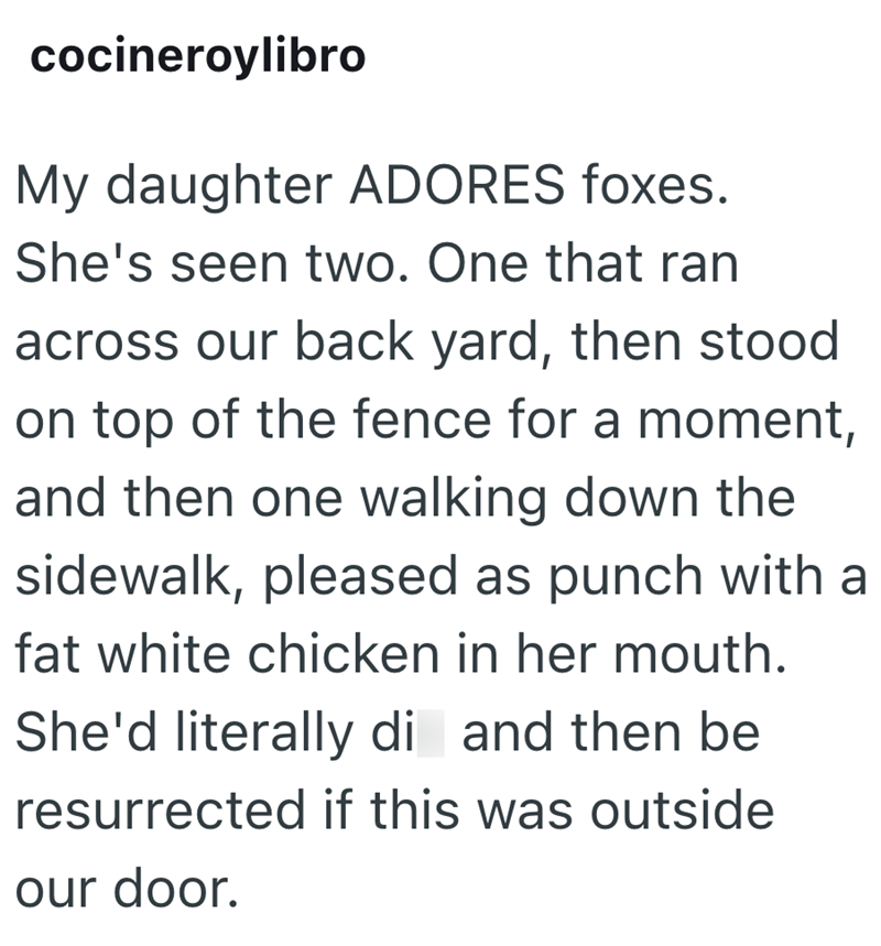 cocineroylibro My daughter ADORES foxes. She's seen two. One that ran across our back yard, then stood on top of the fence for a moment, and then one walking down the sidewalk, pleased as punch with a fat white chicken in her mouth. She'd literally di and then be resurrected if this was outside our door.
