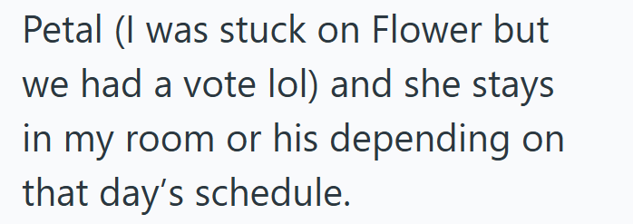 Petal (I was stuck on Flower but we had a vote lol) and she stays in my room or his depending on that day's schedule.