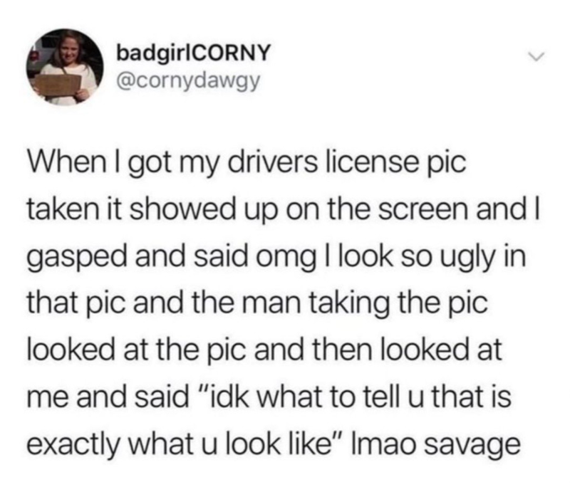 badgirlCORNY @cornydawgy When I got my drivers license pic taken it showed up on the screen and I gasped and said omg I look so ugly in that pic and the man taking the pic looked at the pic and then looked at me and said "idk what to tell u that is exactly what u look like" Imao savage