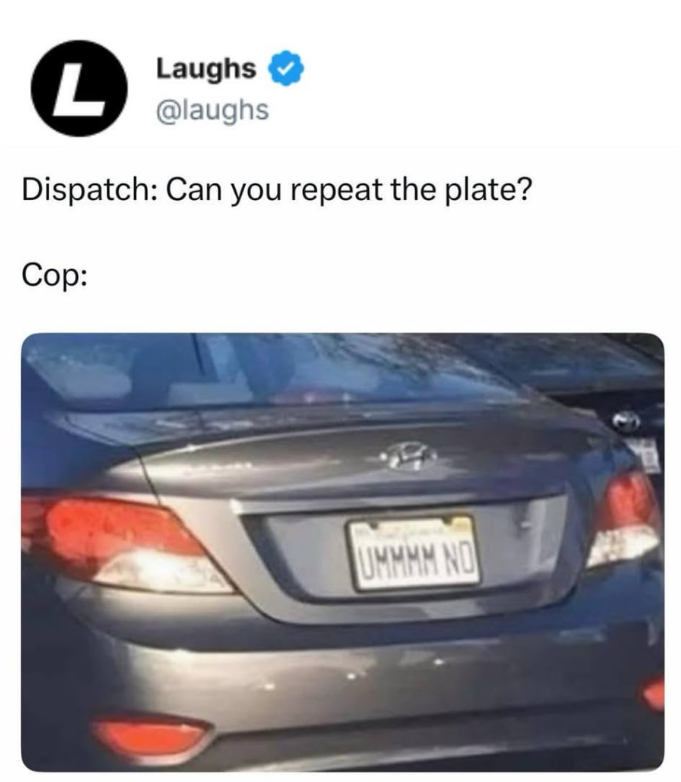 L Laughs @laughs Dispatch: Can you repeat the plate? Cop: UMMMM NO