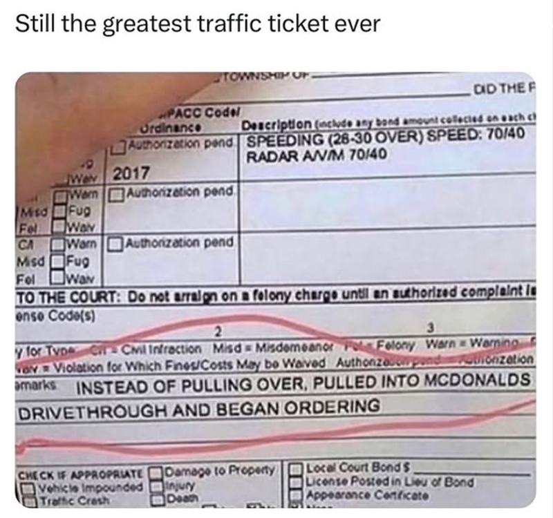 Still the greatest traffic ticket ever TOWNSHIP UP PACC Codel Ordinance Authorization pend Wew 2017 Warn Authorization pend Misd Fug Fel Wav CA Warn Authorization pend Misd Fol DID THE F Description (include any bond amount collected on each c SPEEDING (28-30 OVER) SPEED: 70/40 RADAR ANIM 70/40 Fug Way TO THE COURT: Do not arraign on a felony charge until an authorized complaint is ense Code(s) 2 3 y for Type CCMil Infraction Misd Misdemeanor Pot Felony Warn Warning vav Violation for Which Fines